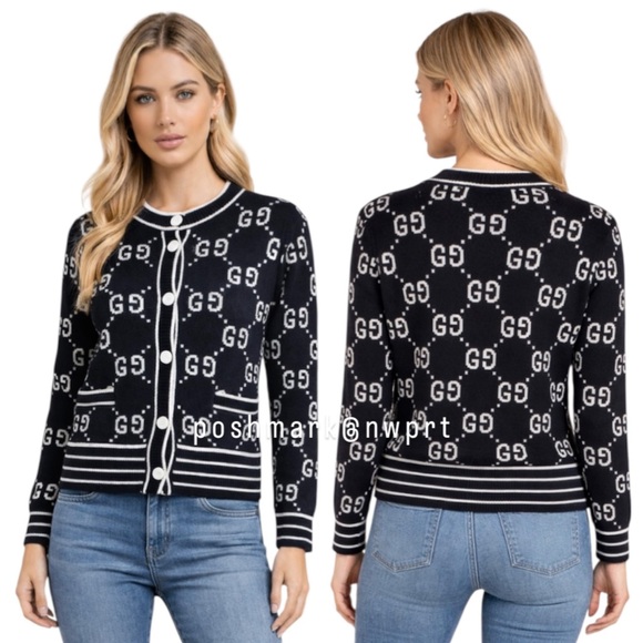 Gucci Sweaters - GUCCI 🙌 GG Supreme Logo Cardigan Sweater Black Ivory White Cotton XS